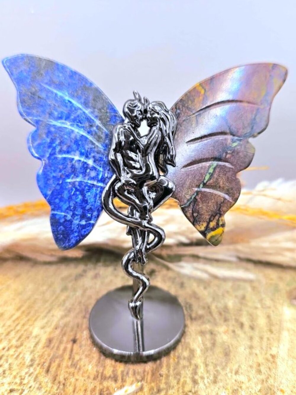 Natural Dual Stones Carve Butterfly Wing Devil Couple Metal Stand Decor